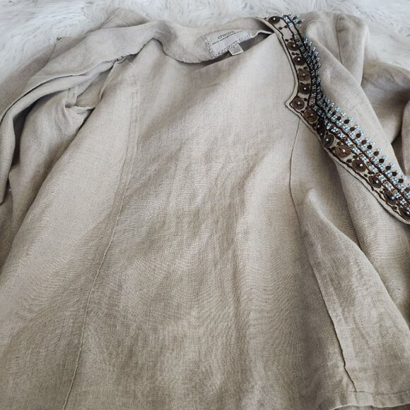 Chicos Jacket Women's 2 L 12 Embellished 100% Linen 3/4 Sleeves Tan Boho Casual‎ - Picture 6 of 15